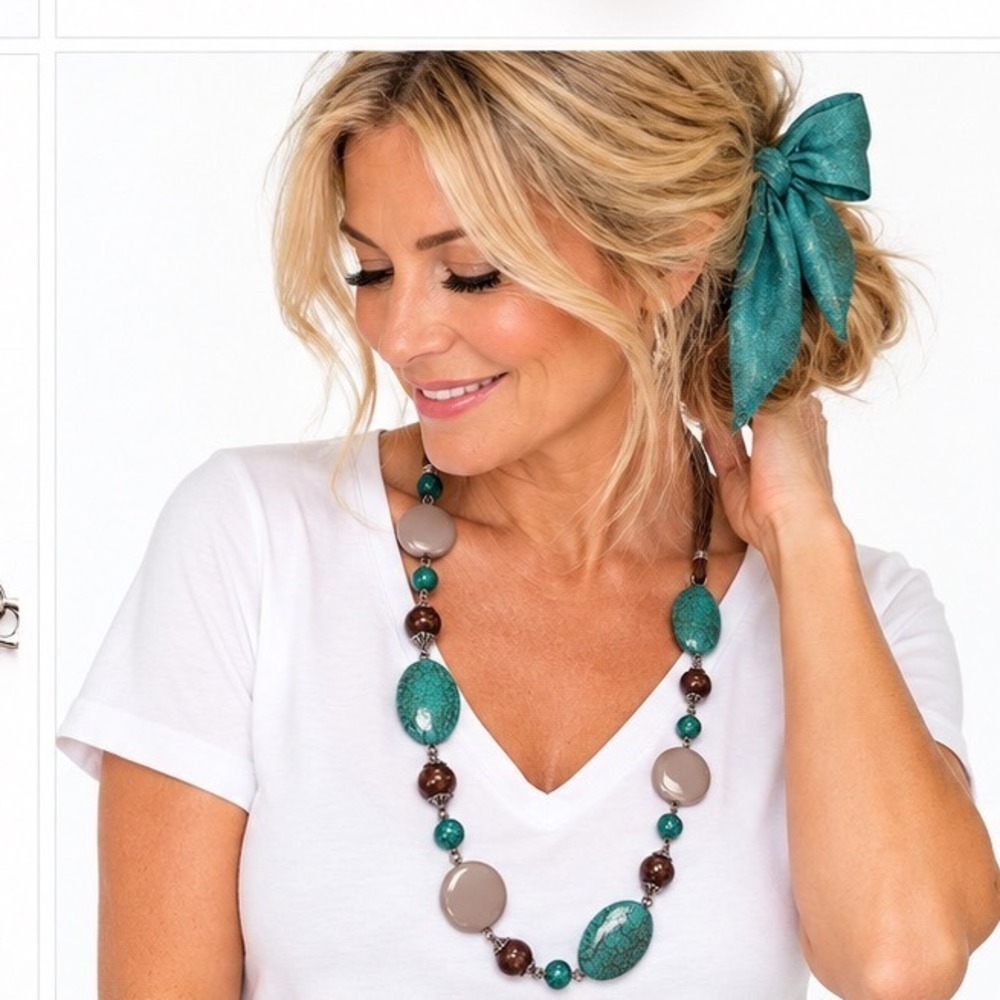 Boho Turquoise Colored Beaded Necklace Multi Strand Cord Southwestern Jewelry